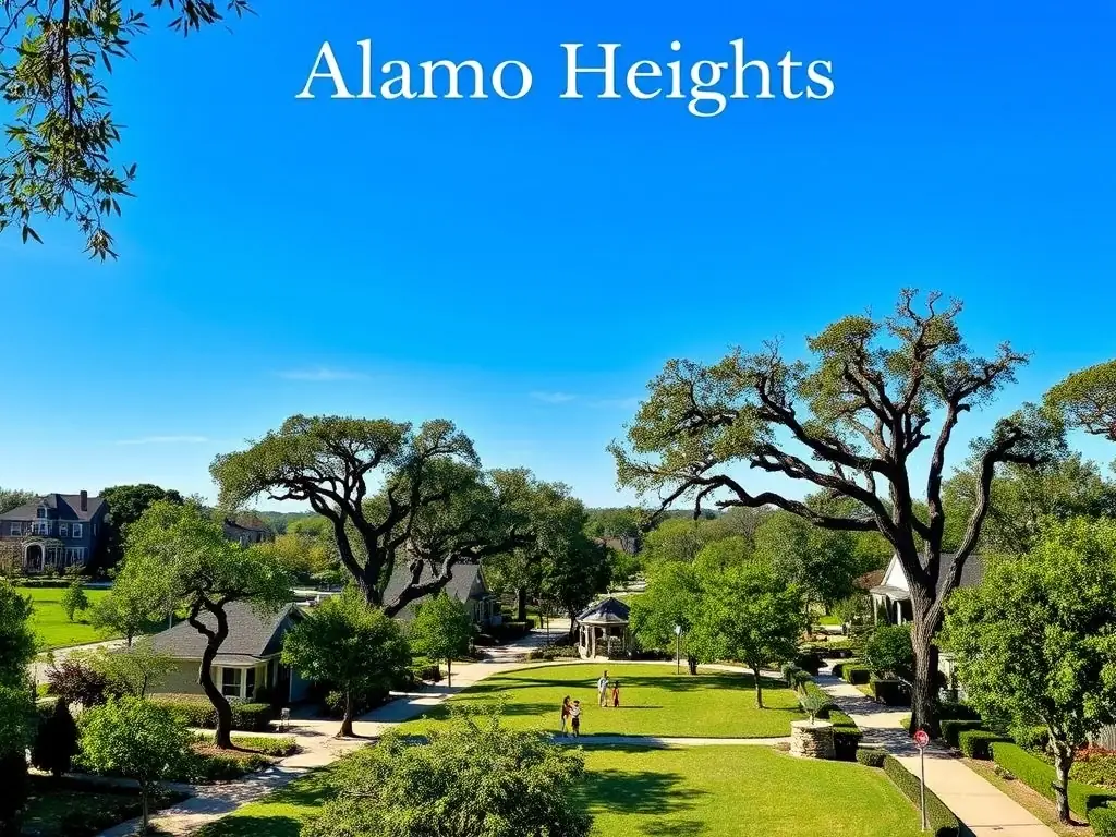 A picturesque image of Alamo Heights, featuring tree-lined streets, well-maintained homes, and families enjoying the neighborhood parks. The image should evoke a sense of community and family-friendly living.