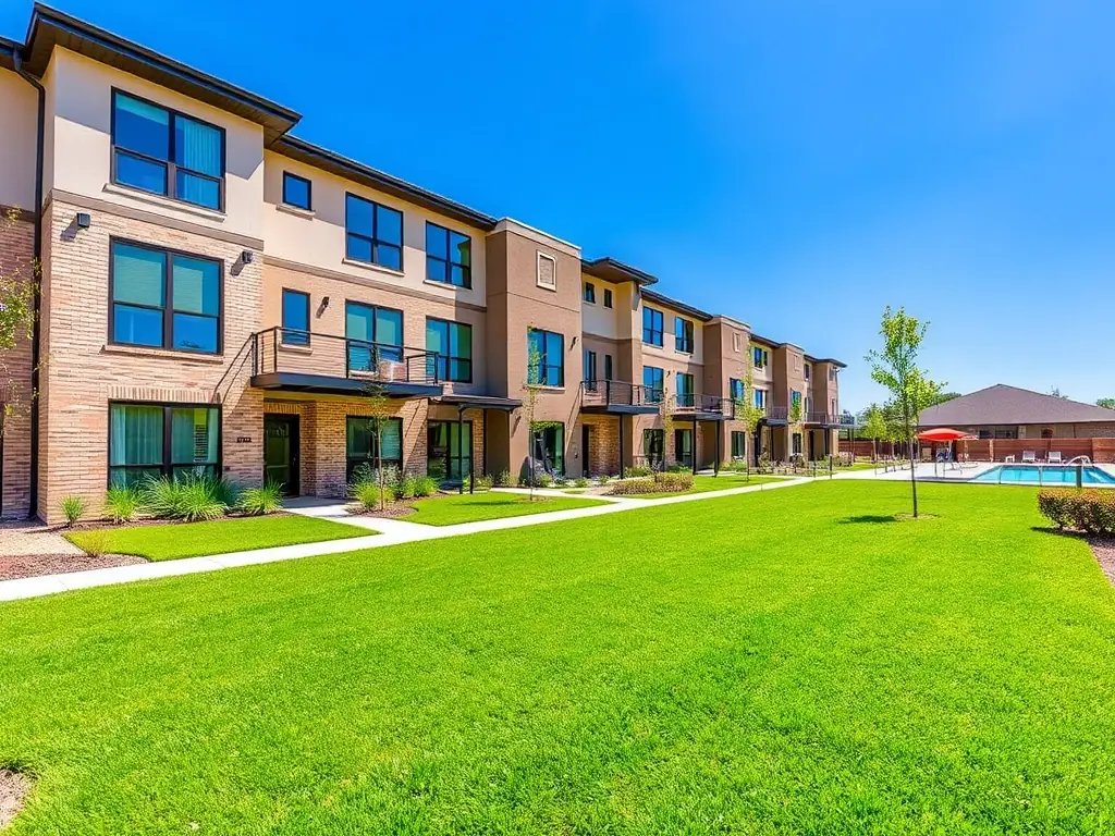 A modern townhouse in Stone Oak, showcasing contemporary design, well-manicured lawns, and a community pool. The image should convey a sense of modern living and convenient amenities.