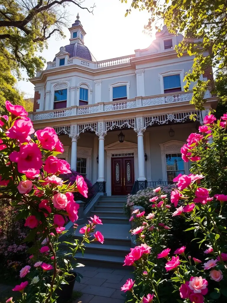 A photograph of the Guenther House in the King William Historic District, showcasing its beautiful architecture and gardens.