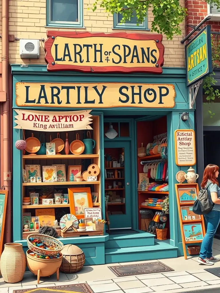 A vibrant image of a local artisan shop in King William, displaying handcrafted goods and reflecting the neighborhood's artistic spirit.